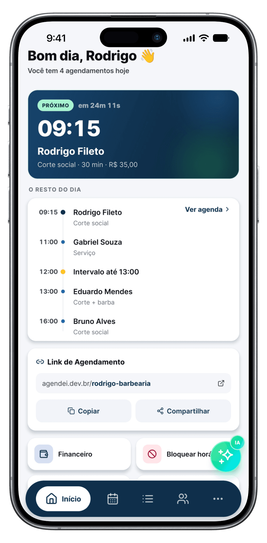 Tela inicial do Agendei mostrando o próximo atendimento, a agenda do dia, o link de agendamento e atalhos de gestão